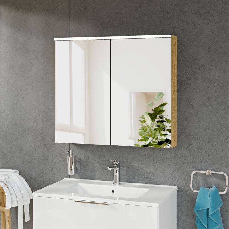 Armoire de toilette suspendue Chêne miel 80x18x70cm (LxPxH) 2 portes miroir, éclairage led, tablettes en verre - solo Chêne miel doré - Bernstein