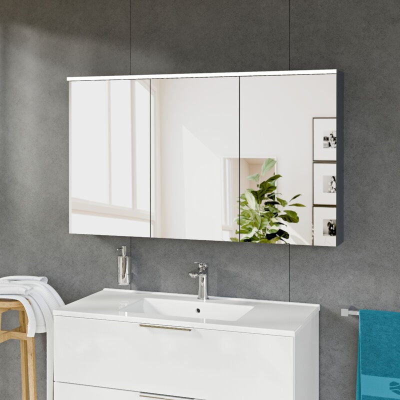 Bernstein - Armoire de toilette suspendue Anthracite mat 120x18x70cm (LxPxH) 2 portes miroir, éclairage led, tablettes en verre - solo Anthracite mat