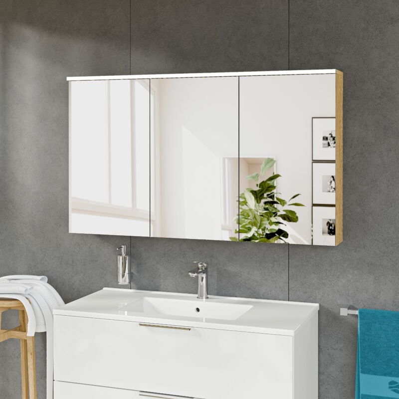 Armoire de toilette suspendue Chêne miel 120x18x70cm (LxPxH) 2 portes miroir, éclairage led, tablettes en verre - solo Chêne miel doré - Bernstein