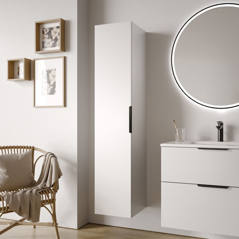 BERNSTEIN - Armoire suspendue en bois laqué, Colonne de rangement salle de bain + porte soft-close - Poignée métal - 35x165x35cm - TIM - Blanc