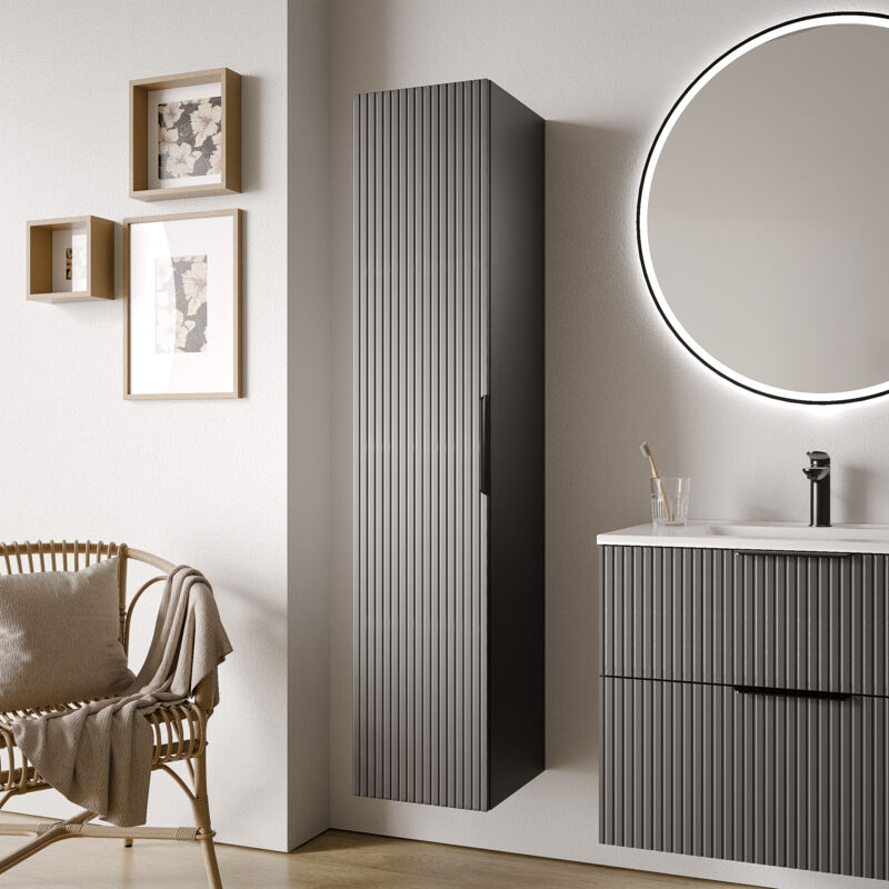 Colonne de salle de bain suspendue 35x35x165cm (LxPxH) Antracite mat strié, poignée Chrome, ouverture porte gauche ou droite - tim Chrome, Anthracite