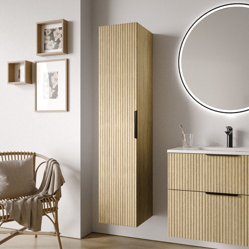 Colonne de salle de bain suspendue 35x35x165cm (LxPxH) Chêne strié, poignée noir mat, ouverture porte gauche ou droite - tim Noir mat, Chêne strié