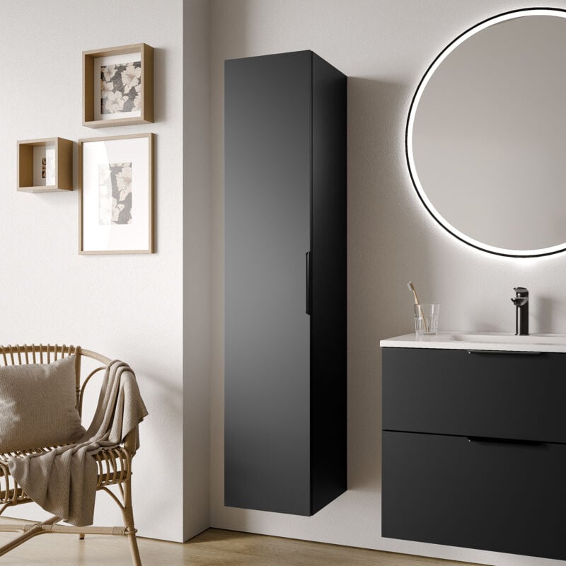 Colonne de salle de bain suspendue 35x35x165cm (LxPxH) Noir mat, poignée noir mat, ouverture porte gauche ou droite - tim Noir mat, Noir mat