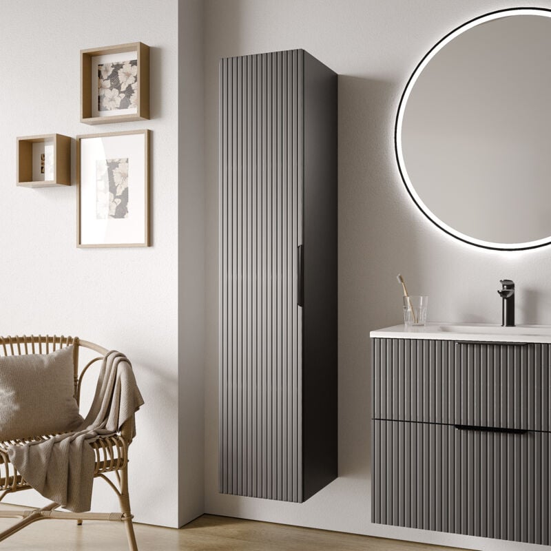 Colonne de salle de bain suspendue 35x35x165cm (LxPxH) Antracite mat strié, poignée noir mat, ouverture porte gauche ou droite - tim Noir mat,