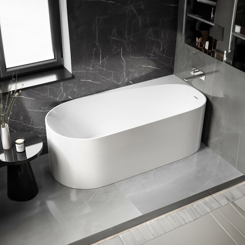 Bernstein - Baignoire d'angle semi-îlot Acrylique Ovale Moderne pour Salle de Bain avec Bonde et trop plein - Blanc - Garantie 5 ans - 170x78x58cm