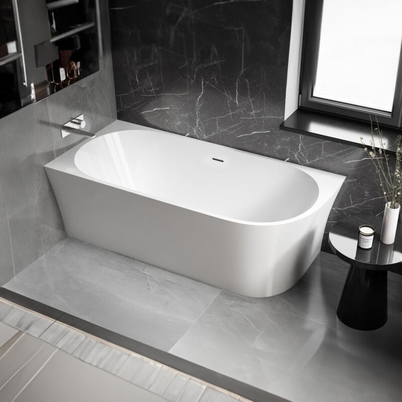 Bernstein - Baignoire d'angle semi-ilot Acrylique 170x78x60cm Blanc brillant + Bonde et trop plein - installation à gauche - nova corner Blanc