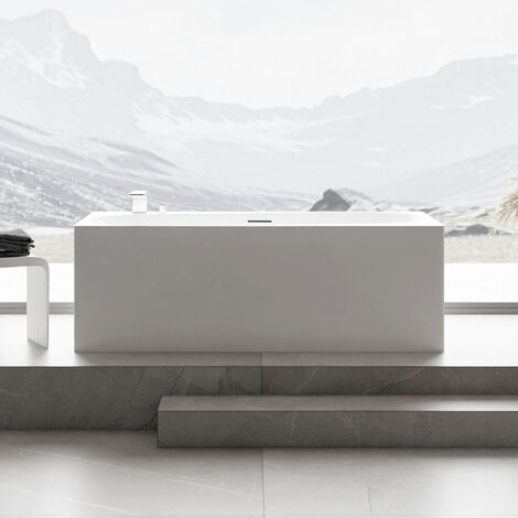 BERNSTEIN - Baignoire îlot ONDA en acrylique sanitaire blanc brillant - 170 x 78 x 58 cm - robinetterie 6080 en option Avec siphon, Avec robinetterie de bain 6080 noir, Blanc brillant