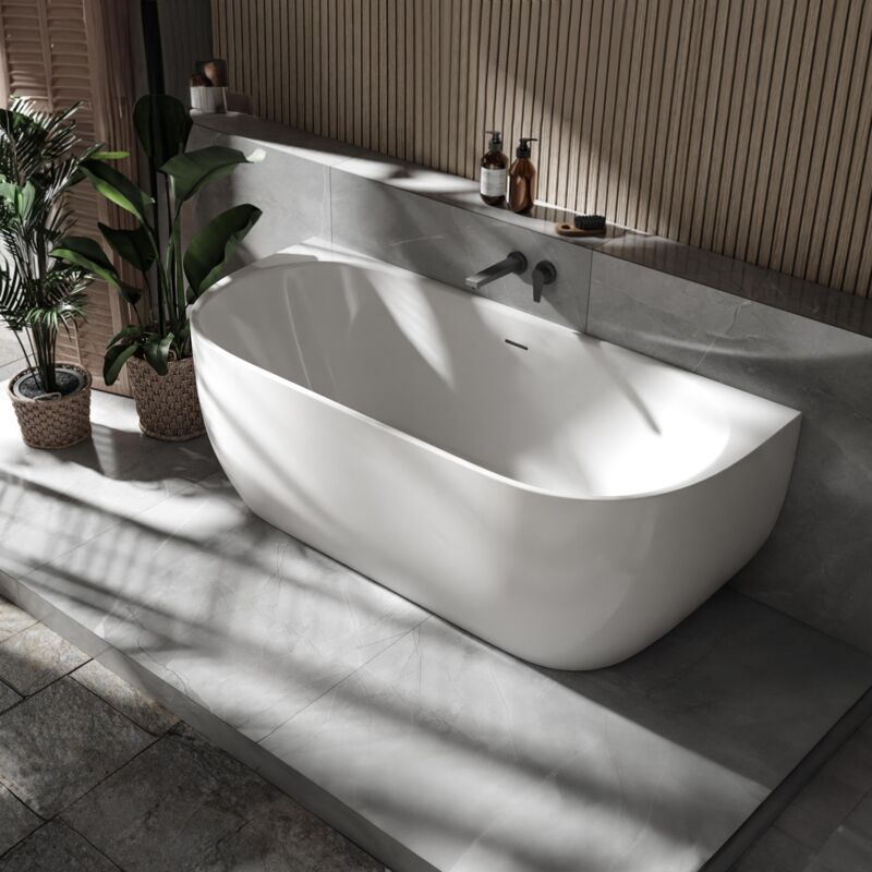 BERNSTEIN - Baignoire semi-îlot murale Acrylique Moderne pour Salle de Bain avec Bonde et trop plein - Blanc - 170x75x60cm - LENA