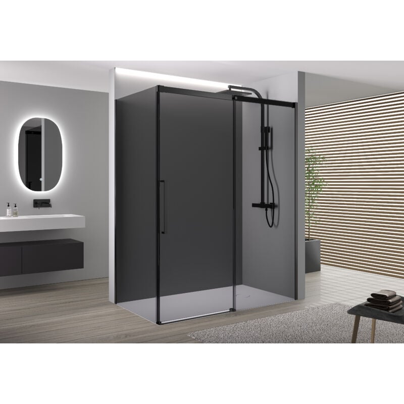 Cabine de douche d'angle 120x90x195cm (LxPxH) verre 8mm, 1 porte coulissante, Profilé noir mat - DX906 flex 120 cm, 90 cm - Bernstein