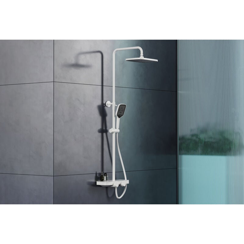 Colonne de douche thermostatique murale Blanc / Noir 30x45x87-132cm (LxPxH) hauteur réglable, pomme + pommeau douche carré - BS371 D2201E carré