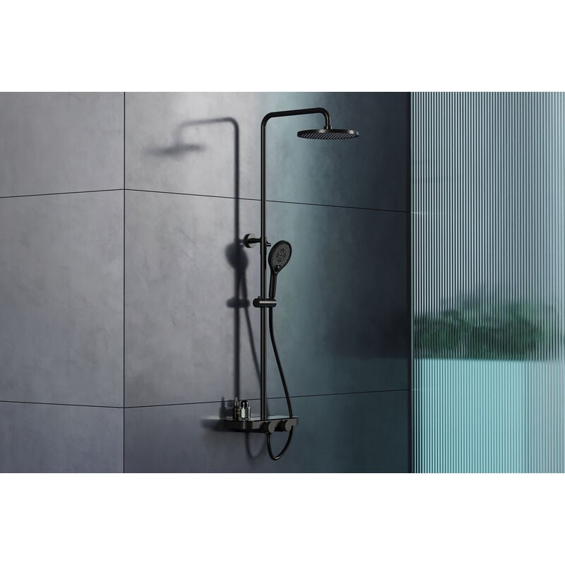 Colonne de douche thermostatique murale réglable design avec tablette en acier inoxydable avec mitigeur et pommeau de douche - Noir mat - BS371