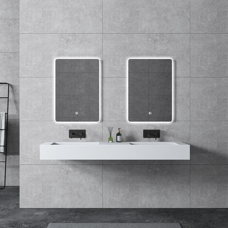 Bernstein – Vasque double à poser 153x45x15cm – Pierre solide blanche mate – Système d'évacuation sans fermeture – Compatible toutes robinetteries - TWG16