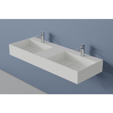 Bernstein – Vasque suspendue double en pierre solide 122 cm – Blanc mat – Rectangulaire – Sans trop-plein – Espace de rangement intégré - TWG231