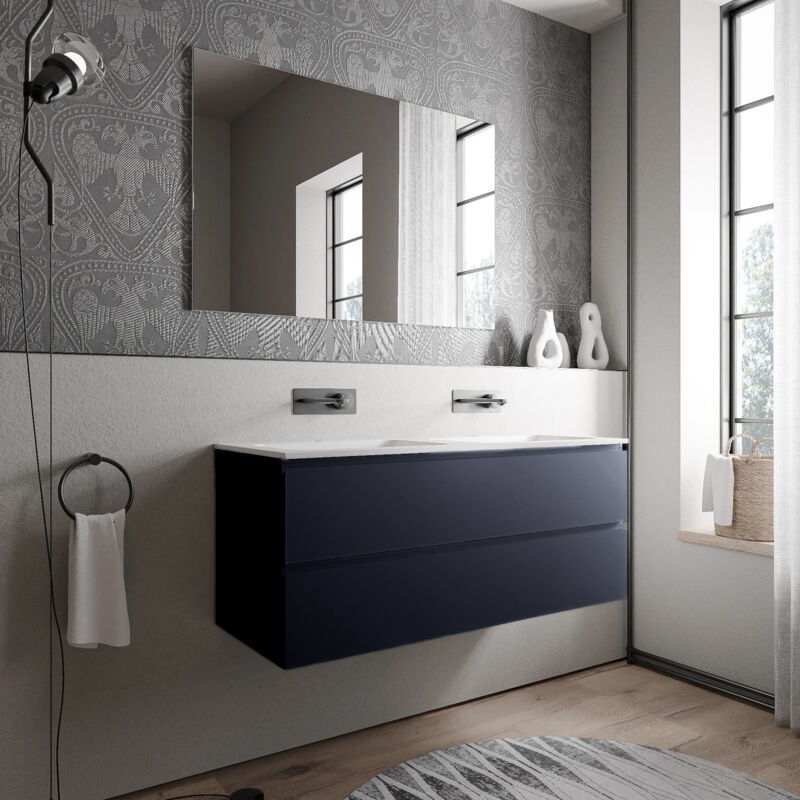 Meuble double vasque suspendu salle de bain mdf Bleu foncé mat, 2 lavabos fonte minérale Blanc mat, sans trou robinet - 120x46x50cm - ava bruxelles