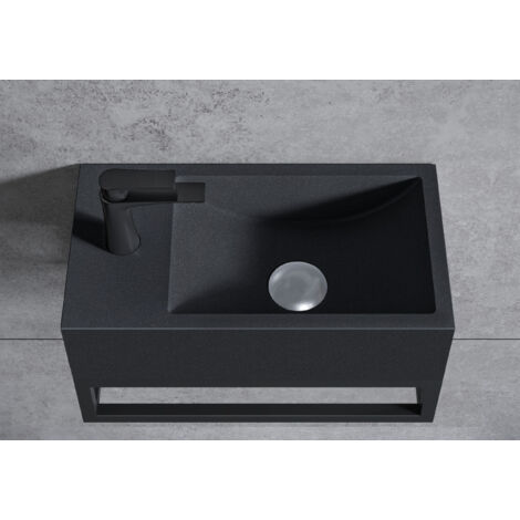 BERNSTEIN - Lavabo mural mineral fundido - 44x22x10cm - BA18 - Con desagüe, Sin tapa, Mueble de almacenaje a la izquierda, Cuarzo negro, Con consola