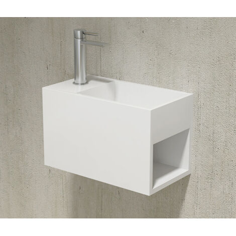 BERNSTEIN - Lavabo rettangolare sospeso Colata minerale 33x18x20,5cm Bianco opaco, portaoggetti integrato - PB2046
