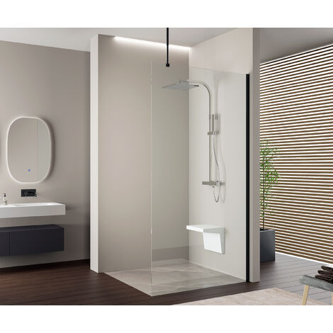 BERNSTEIN - Mampara de ducha Walk-In EX103 - cristal de 10 mm con revestimiento NANO - color y ancho de perfil seleccionables:1000mm, Matt black, Round Ceiling Support Bar, With LED White 1000 mm, Neg