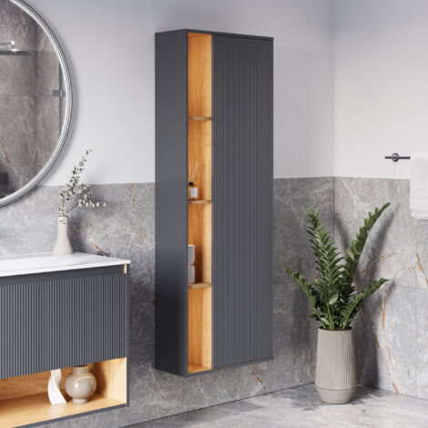 BERNSTEIN - Meuble Colonne Armoire suspendue Anthracite mat MDF 60x24x170cm (LxHxP), Charnières flexibles gauche/droite - BELDIVO