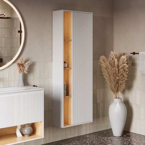 Bernstein – Colonne de salle de bain suspendue 60x24x170cm – MDF laqué blanc mat – 1 porte miroir – 5 étagères – Éclairage LED intégré