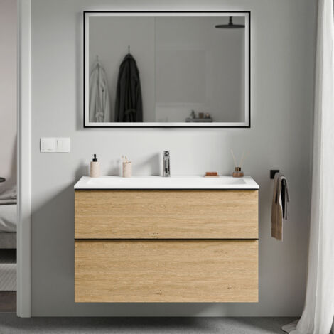 Bernstein – Meuble de salle de bain 80cm avec vasque en fonte minérale – 2 tiroirs avec fermeture douce – Poignées métal – Chêne miel doré, anthracite mat, blanc
