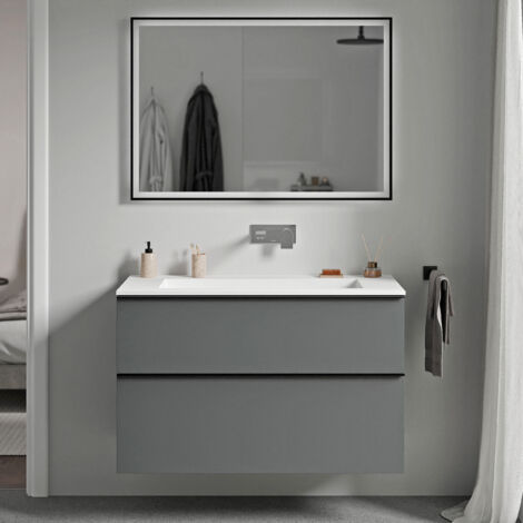 BERNSTEIN - Meuble de salle de bain avec vasque fonte minérale, 2 tiroirs et poignées métal - 80x45,5x62cm (LxPxH) - LAVOA - Couleur meuble, Lavabo et poignée : Anthracite mat, Noir mat, Blanc mat san