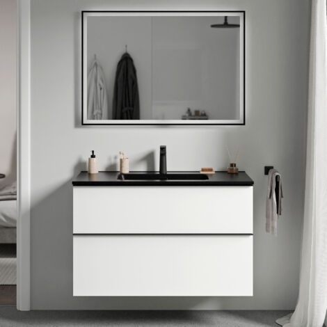 BERNSTEIN - Meuble de salle de bain suspendu bois laqué, meuble vasque 2 tiroirs soft-close - Garantie 5 ans - 64x81x47cm - LAVOA - Blanc mat, Noir mat, Chrome