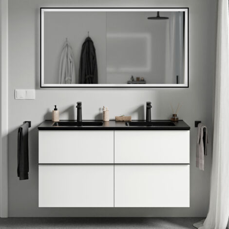 BERNSTEIN - Meuble de salle de bain suspendu bois laqué, meuble vasque 4 tiroirs soft-close - Garantie 5 ans - 64x121x47cm - LAVOA -Blanc mat, Noir mat, Noir mat
