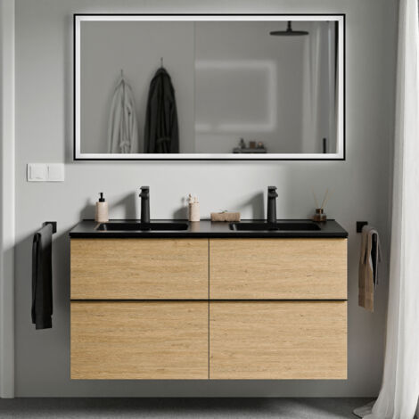 BERNSTEIN - Meuble de salle de bain suspendu bois laqué, meuble vasque 4 tiroirs soft-close - Garantie 5 ans - 64x121x47cm - LAVOA -Noir mat, Noir mat, Honeygold oak (en)