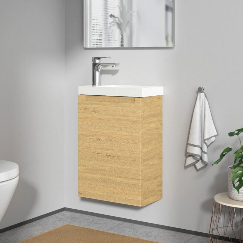 Bernstein - Meuble de salle de bain suspendu bois laqué, Meuble vasque lave-main porte soft-close - Garantie 5 ans - 59,5x40x22cm - vireo - Chêne