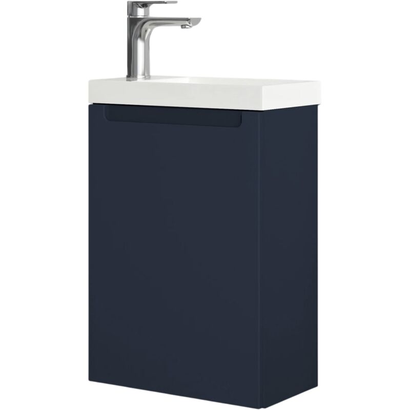 Bernstein - Meuble vasque lave-main suspendu mdf Bleu nuit mat 40x22x60cm, lavabo Céramique Blanc + Bonde pop-up & trou robinet - vireo 40 Bleu nuit