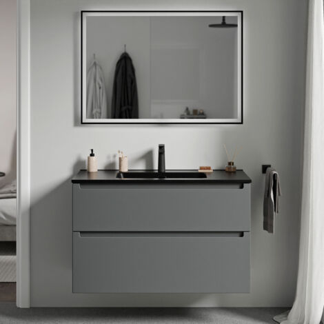 BERNSTEIN - Meuble de salle de bain suspendu bois laqué, meuble vasque noire 2 tiroirs soft-close - Garantie 5 ans - 64x101x47cm - VIREO - Anthracite mat