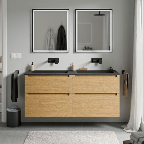 BERNSTEIN - Meuble double vasque suspendu salle de bain MDF Chêne miel, lavabos fonte minérale Noir mat sans trou robinet, tiroirs passe-main pivotants - 120x46x62cm - VIREO Chêne Miel doré, Noir mat 