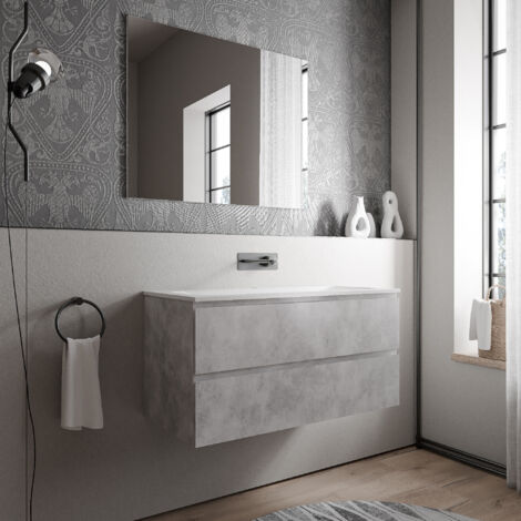 Bernstein – Meuble lave-mains 100x45,6x50 cm – MDF aspect béton – Lavabo fonte minérale blanc mat – 2 tiroirs avec fermeture douce – Montage mural