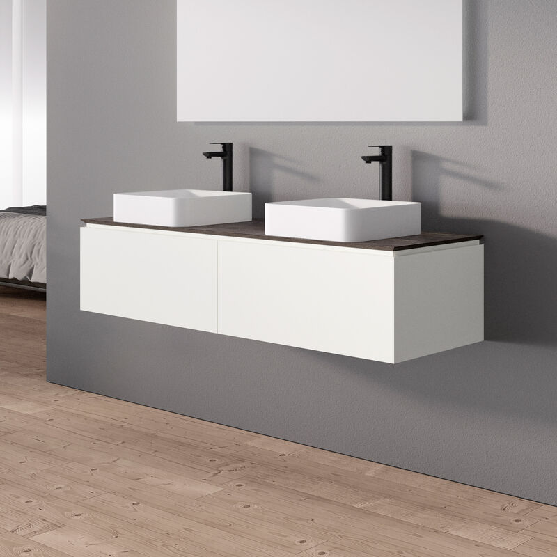 Meuble mural mdf sous vasque et lavabo de salle de bain design et esthétique avec 2 tiroirs- Blanc mat - 150x35x50cm - Spring 1500 - Bernstein