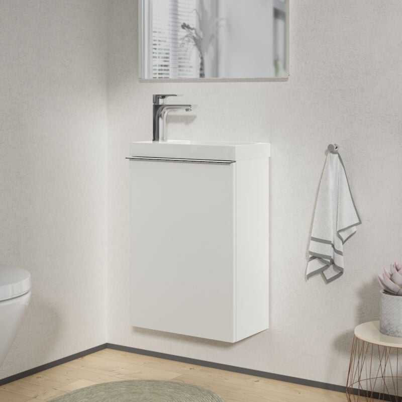 meuble salle de bain suspendu bois laqué, meuble vasque lave-main porte soft-close - garantie 5 ans - 59,5x40x22cm - lavoa - blanc mat, chrome