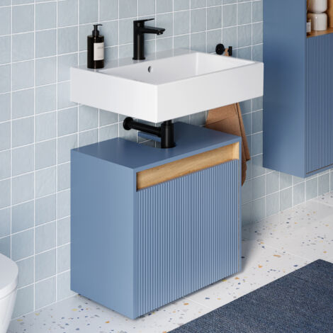 BERNSTEIN - Meuble sous vasque à poser MDF Bleu azur mat 60x35x54cm (LxPxH) + 2 portes - BELDIVO