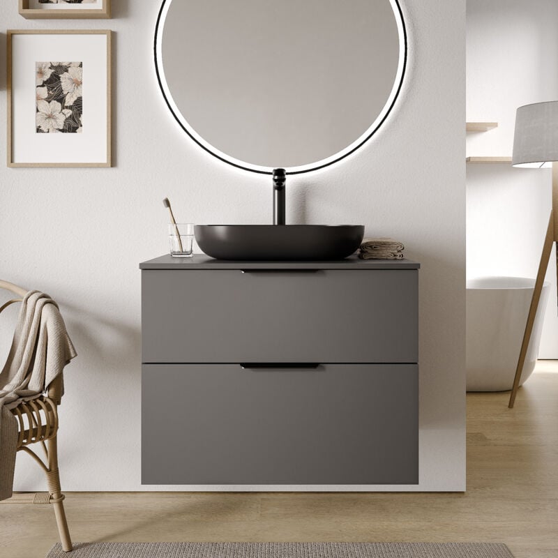 Bernstein - Meuble sous vasque suspendu Anthracite pour lavabo à poser, 2 tiroirs - 79,8x45,5x62cm - tim - Couleur Plan vasque, Couleur poignées :