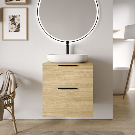 BERNSTEIN - Meuble sous vasque suspendu MDF Chêne gris 60x46x62cm, Plan lavabo Anthracite mat + poignée Noir mat - TIM60 Noir mat, Anthracite mat, Chêne gris brume