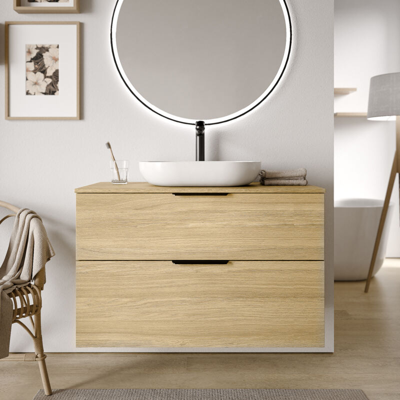 Bernstein - Meuble sous vasque suspendu pour lavabo à poser, 2 tiroirs - 99,8x45,5x62cm - tim - Couleur Meuble, Couleur plan vasque, Couleur poignées