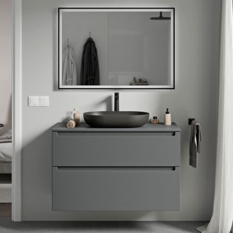 BERNSTEIN - Meuble sous vasque suspendu pour lavabo à poser, 2 tiroirs pivotants - Garantie 5 ans -  79,8x45,5x62cm - VIREO - Couleur meuble, Couleur Plan vasque : Anthracite mat, Anthracite mat