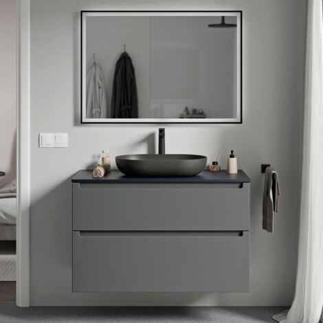 BERNSTEIN - Meuble sous vasque suspendu salle de bain MDF Anthracite mat, plan vasque Bleu nuit mat, tiroirs passe-main pivotants - 80x46x62cm - VIREO Anthracite mat, Bleu nuit mat
