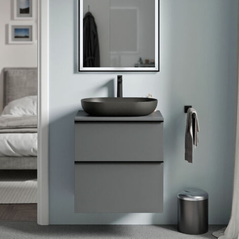 BERNSTEIN - Meuble sous vasque suspendu salle de bain MDF Anthracite mat, plan vasque & poignée métal Anthracite mat - 60x46x62cm - LAVOA Anthracite mat, Anthracite mat, Anthracite mat