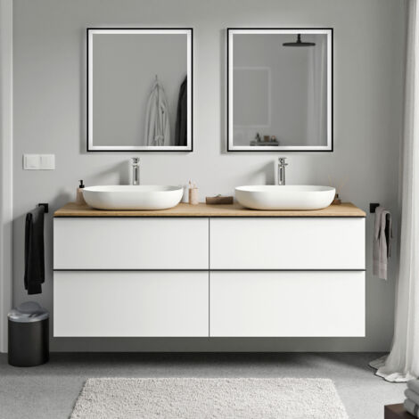 BERNSTEIN - Meuble sous vasque suspendu salle de bain MDF Blanc mat, plan vasque Chêne miel, poignée métal Noir mat - 160x46x62cm - LAVOA Blanc mat, Noir mat, Chêne miel doré
