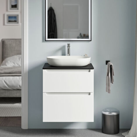 BERNSTEIN - Meuble sous vasque suspendu salle de bain MDF Blanc mat, plan vasque Noir mat, tiroirs passe-main pivotants - 60x46x62cm - VIREO Blanc mat, Noir mat