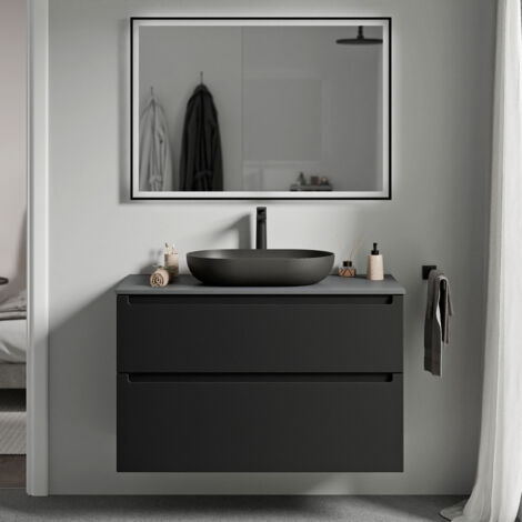 BERNSTEIN - Meuble sous vasque suspendu salle de bain MDF Noir mat, plan vasque Anthracite mat, tiroirs passe-main pivotants - 100x46x62cm - VIREO Noir mat, Anthracite mat
