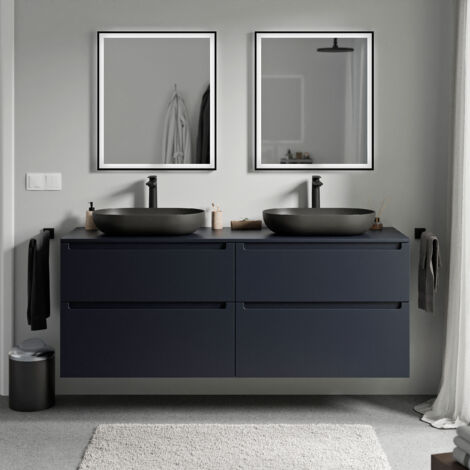 BERNSTEIN - Meuble sous vasque suspendu salle de bain MDF & plan vasque Bleu nuit mat, tiroirs passe-main pivotants - 160x46x62cm - VIREO Bleu nuit mat, Bleu nuit mat