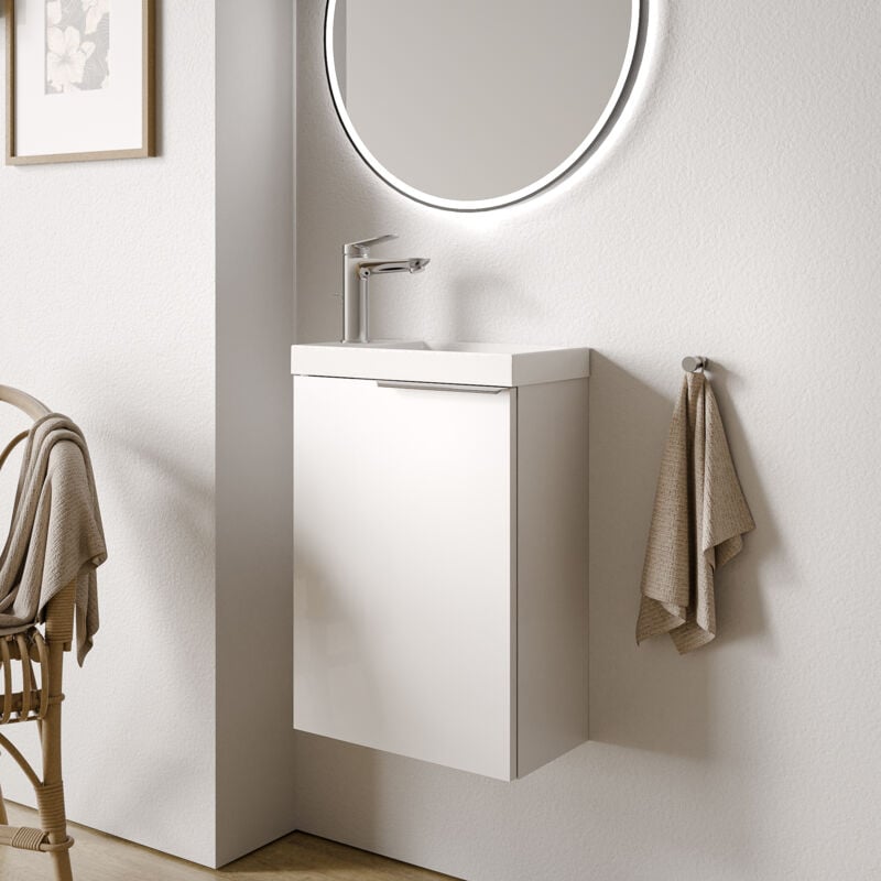 Meuble suspendu en bois laqué avec lavabo vasque en céramique intégré + 1 porte soft-close - Résiste à l'humidité, Poignée métal - 40,5x22x55cm - tim