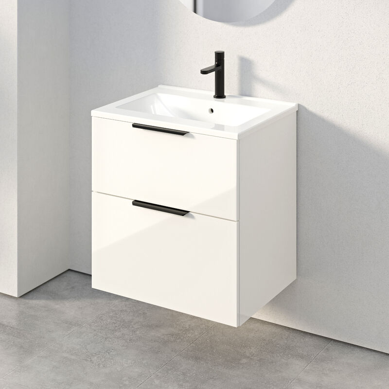 Bernstein - Meuble suspendu en bois laqué avec lavabo vasque en céramique intégré + 2 tiroirs soft-close - Poignée métal - 59,8x45,5x62cm - tim 60