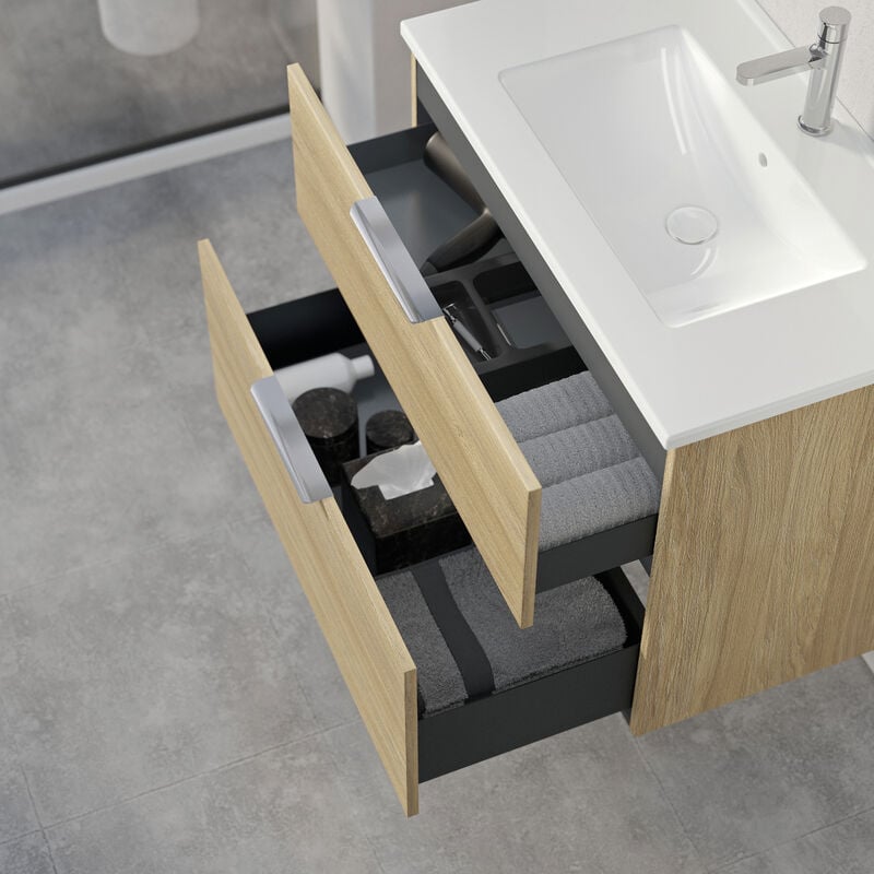 BERNSTEIN - Meuble suspendu en bois laqué avec lavabo vasque en céramique intégré + 2 tiroirs soft-close - Poignée métal - 79,8x45,5x62cm - TIM 80 1x