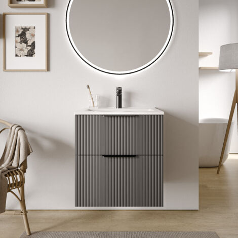 BERNSTEIN - Meuble vasque Anthracite mat strié de salle de bain 60x46x62cm (LxPxH) 2 tiroirs, Poignées Noir mat - TIM60 Noir mat, Anthracite mat strié